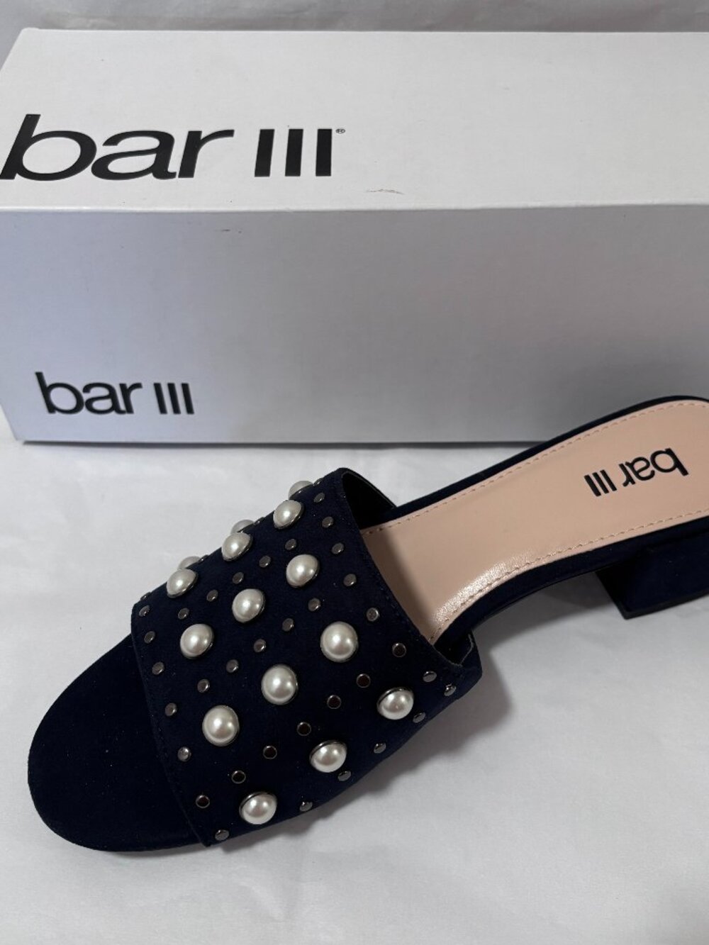 Bar III Jazzy Navy Pearl Studded Slide Sandals Size 8M